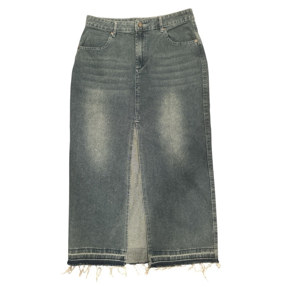 Denim Maxi Skirt with Front Slit Size 9(28) Boho Festival Casual Distressed